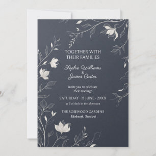 Navy Magnolia Line Art Wedding Invitation