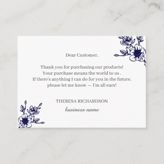 Navy Magnolia Wreath Thank you for your purchase Enclosure Card (Front)