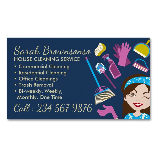 Navy Maid Janitorial Lady Washing Magnetic Business Card (Front)
