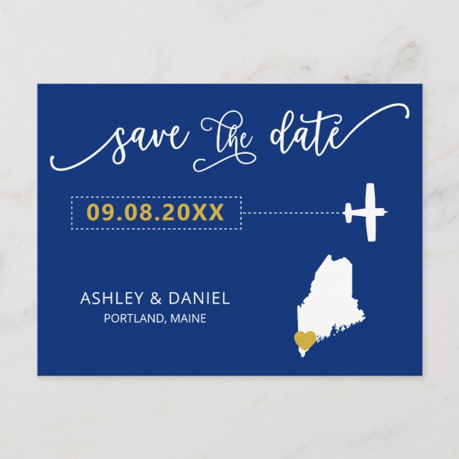 Navy Maine Wedding Save the Date Map Postcard (Front)