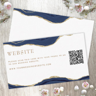 Navy Marble Agate Gold Glitter Wedding Website QR Enclosure Card