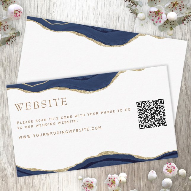 Navy Marble Agate Gold Glitter Wedding Website QR  Enclosure Card (Creator Uploaded)