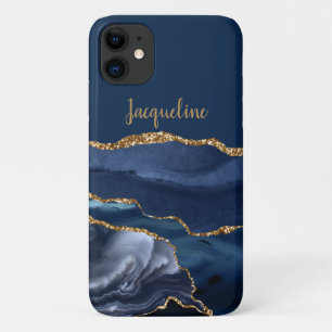 Navy Marble Geode Gold Dusty Blue Modern Name iPhone 11 Case