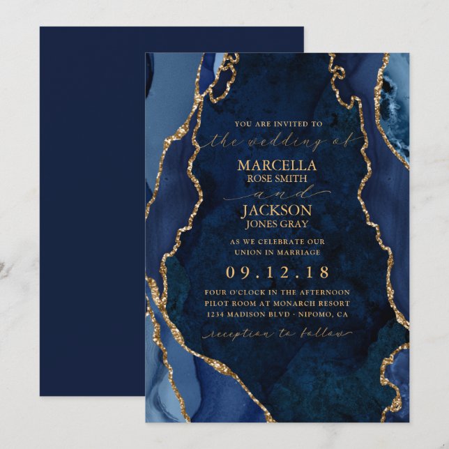 Navy Marble & Gold Agate Wedding Invitation (Front/Back)