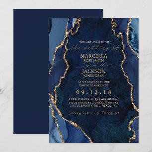 Navy Marble & Gold Agate Wedding Invitation