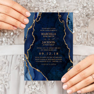 Navy Marble & Gold Agate Wedding Invitation
