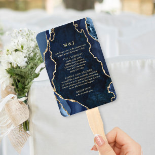 Navy Marble & Gold Agate Wedding Program Hand Fan