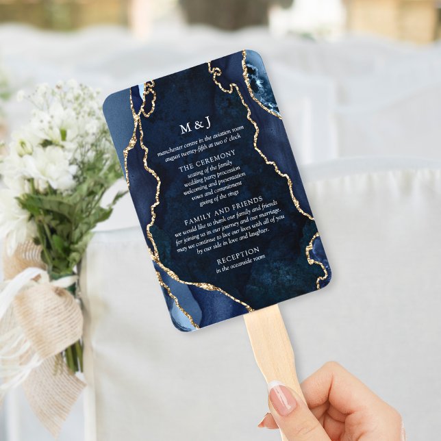 Navy Marble & Gold Agate Wedding Program Hand Fan (Creator Uploaded)