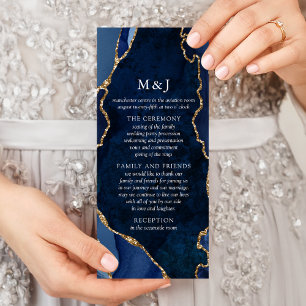 Navy Marble & Gold Agate Wedding Program Rack Card