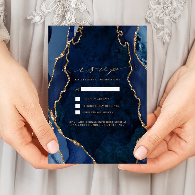 Navy Marble & Gold Agate Wedding RSVP Invitation (Creator Uploaded)