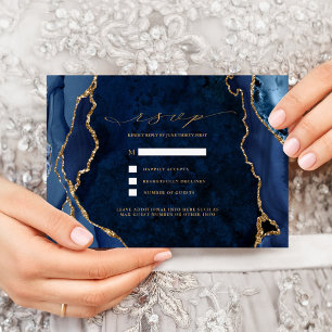 Navy Marble & Gold Agate Wedding RSVP Invitation