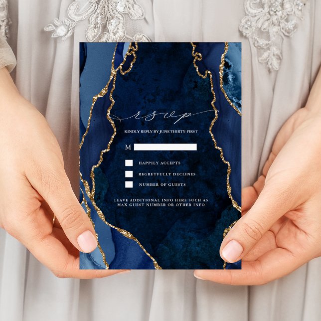Navy Marble & Gold Agate Wedding RSVP Invitation (Creator Uploaded)