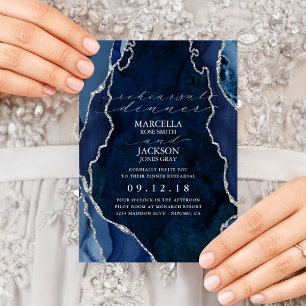 Navy Marble & Silver Agate Dinner Rehearsal Invitation