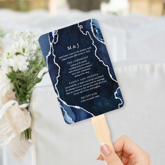 Navy Marble & Silver Agate Wedding Program Hand Fan (Creator Uploaded)