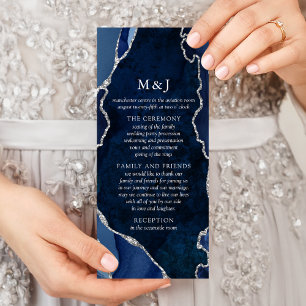 Navy Marble & Silver Agate Wedding Program Rack Card