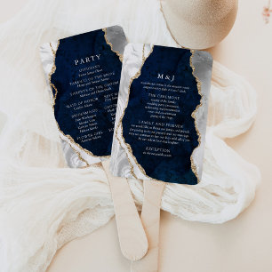 Navy Marble, White & Gold Agate Wedding Program Hand Fan