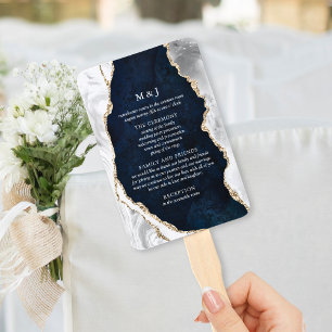 Navy Marble, White & Gold Agate Wedding Program Hand Fan