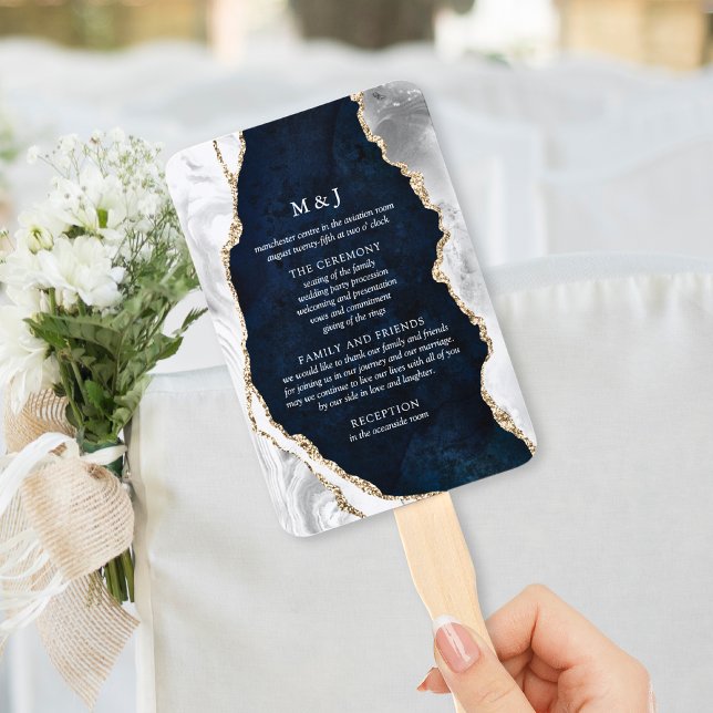 Navy Marble, White & Gold Agate Wedding Program Hand Fan (Creator Uploaded)