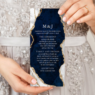 Navy Marble, White & Gold Agate Wedding Program Rack Card