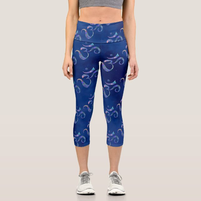 Navy Marbled Om Scattered Blue Tie dye Capri Leggings (Front)
