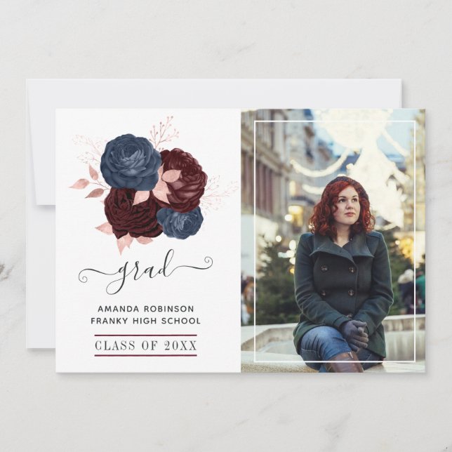 Navy, Maroon and Rose Gold Floral Graduation Photo Announcement (Front)