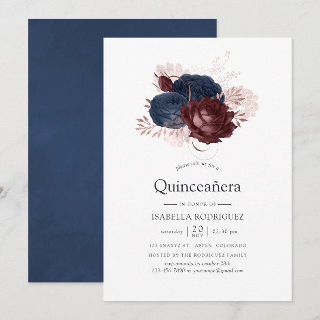 Navy, Maroon and Rose Gold Floral Quinceañera Invitation (Front/Back)