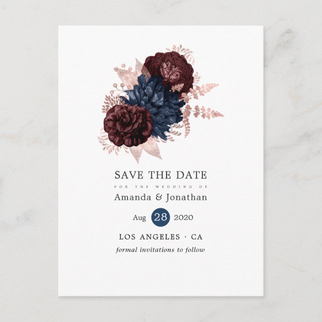 Navy Maroon and Rose Gold Floral Save the Date Announcement Postcard (Front)