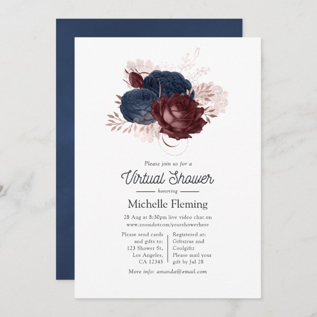 Navy, Maroon and Rose Gold Floral Virtual Shower Invitation (Front/Back)