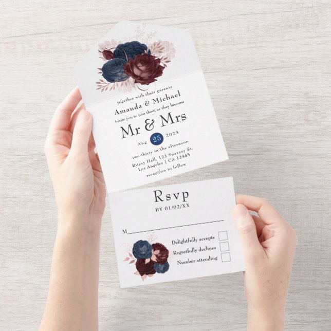 Navy, Maroon and Rose Gold Floral Wedding All In One Invitation (Tearaway)