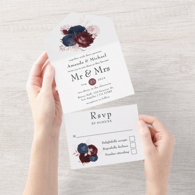 Navy, Maroon and Rose Gold Floral Wedding All In One Invitation (Tearaway)