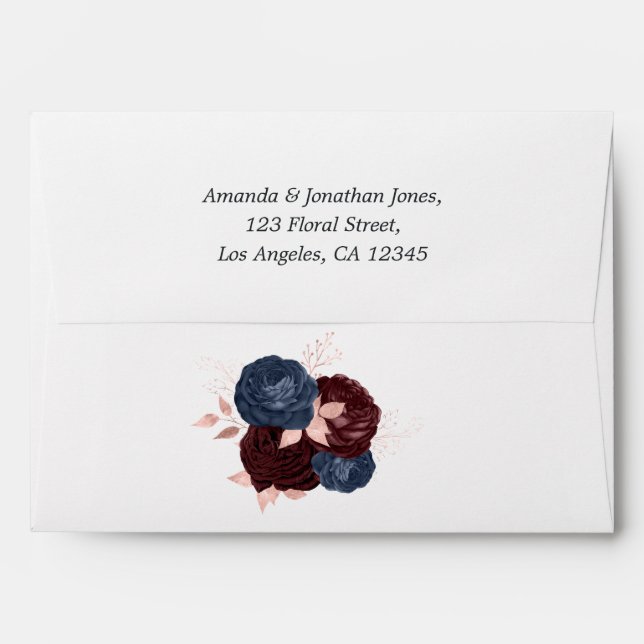 Navy, Maroon and Rose Gold Floral Wedding Envelope (Back (Top Flap))