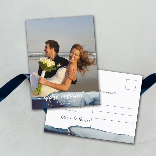 Navy Married Modern Photo Elopement Announcement Postcard (navy blue elopement announcement postcard beach wedding photo modern minimalist elegant romantic)