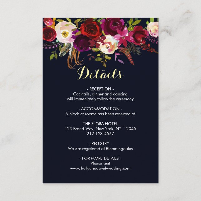 Navy Marsala Bohemian Floral Wedding Details Info Enclosure Card (Front)