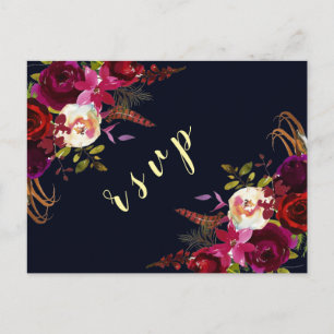 Navy Marsala Boho Floral Autumn Wedding RSVP Invitation Postcard