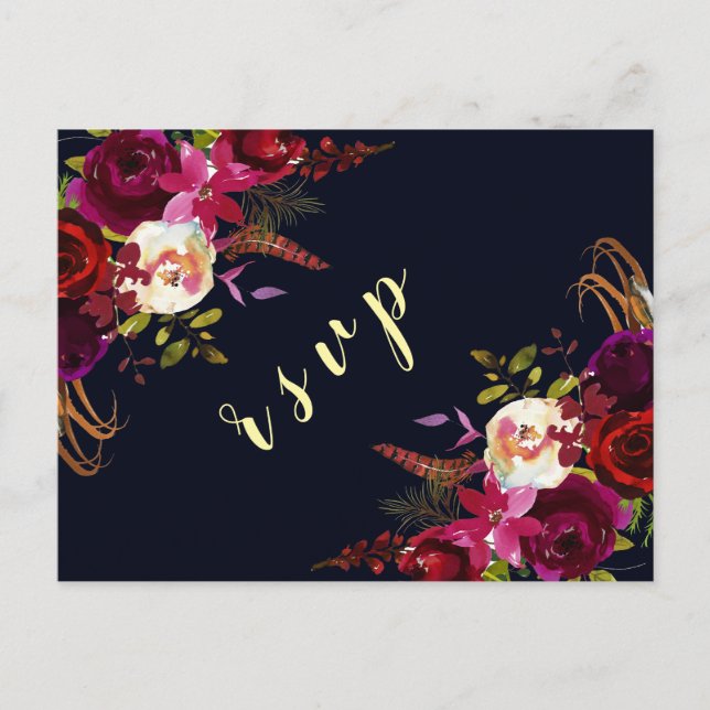 Navy Marsala Boho Floral Autumn Wedding RSVP Invitation Postcard (Front)