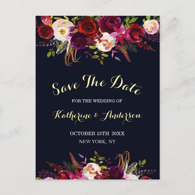 Navy Marsala Boho Floral Wedding Save the Date Announcement Postcard (Front)