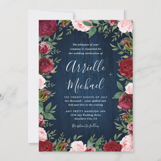 Navy Marsala Country Rustic Wedding Invitations (Front)