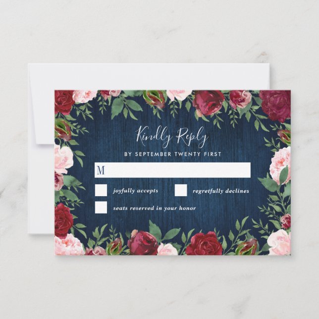 Navy Marsala Country Rustic Wedding RSVP Cards (Front)