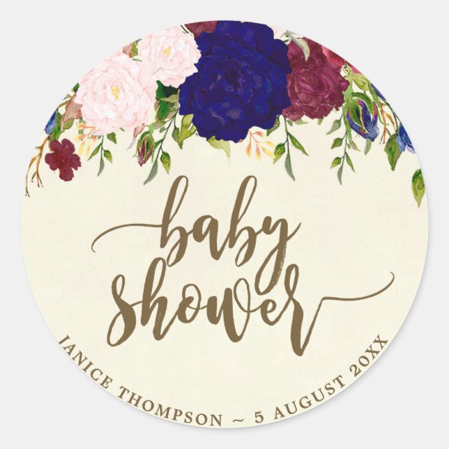 navy marsala floral baby shower sticker favors (Front)