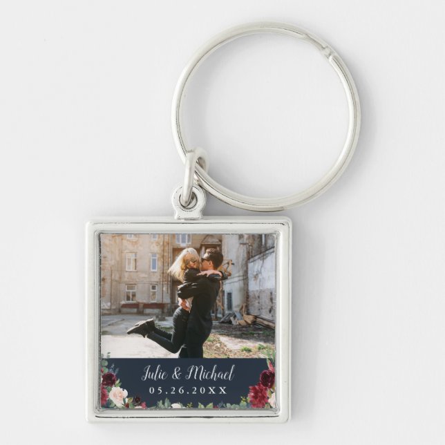 Navy & Marsala Floral Pewter Personalised Photo Key Ring (Front)