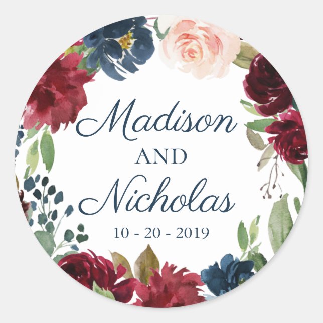 Navy Marsala Floral Wedding Envelope Seal Stickers (Front)