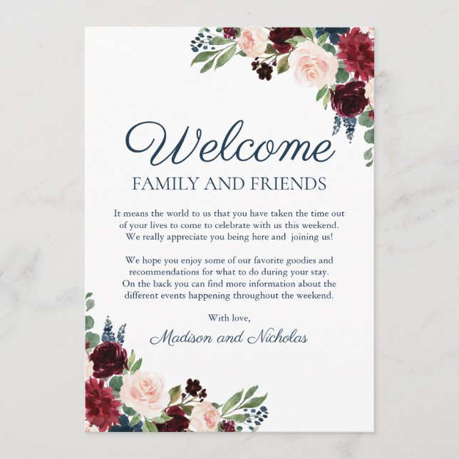 Navy Marsala Floral Wedding Hotel Welcome Cards (Front)