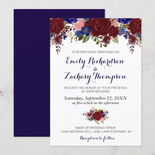 Navy Marsala Floral Wedding Invitation