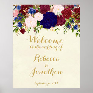 navy marsala floral wedding welcome sign modern