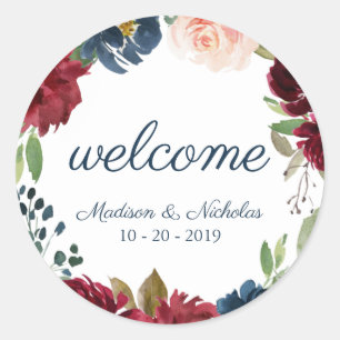 Navy Marsala Floral Wedding Welcome Stickers