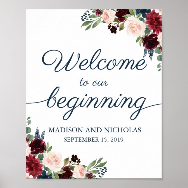 Navy Marsala Floral Welcome to Our Beginning Sign (Front)