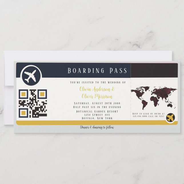 Navy Marsala Gold Boarding Pass Wedding Invitation (Front)