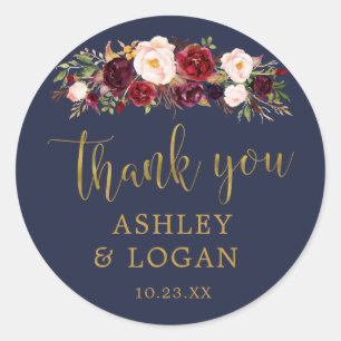 Navy Marsala Gold Flowers Thank You Favour Sticker