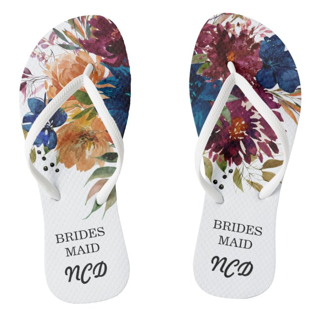 Navy Marsala Orange Floral Bridesmaid Favour Flip Flops (Footbed)