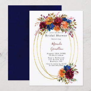 Navy Marsala Orange Floral Geometric Bridal Shower Invitation